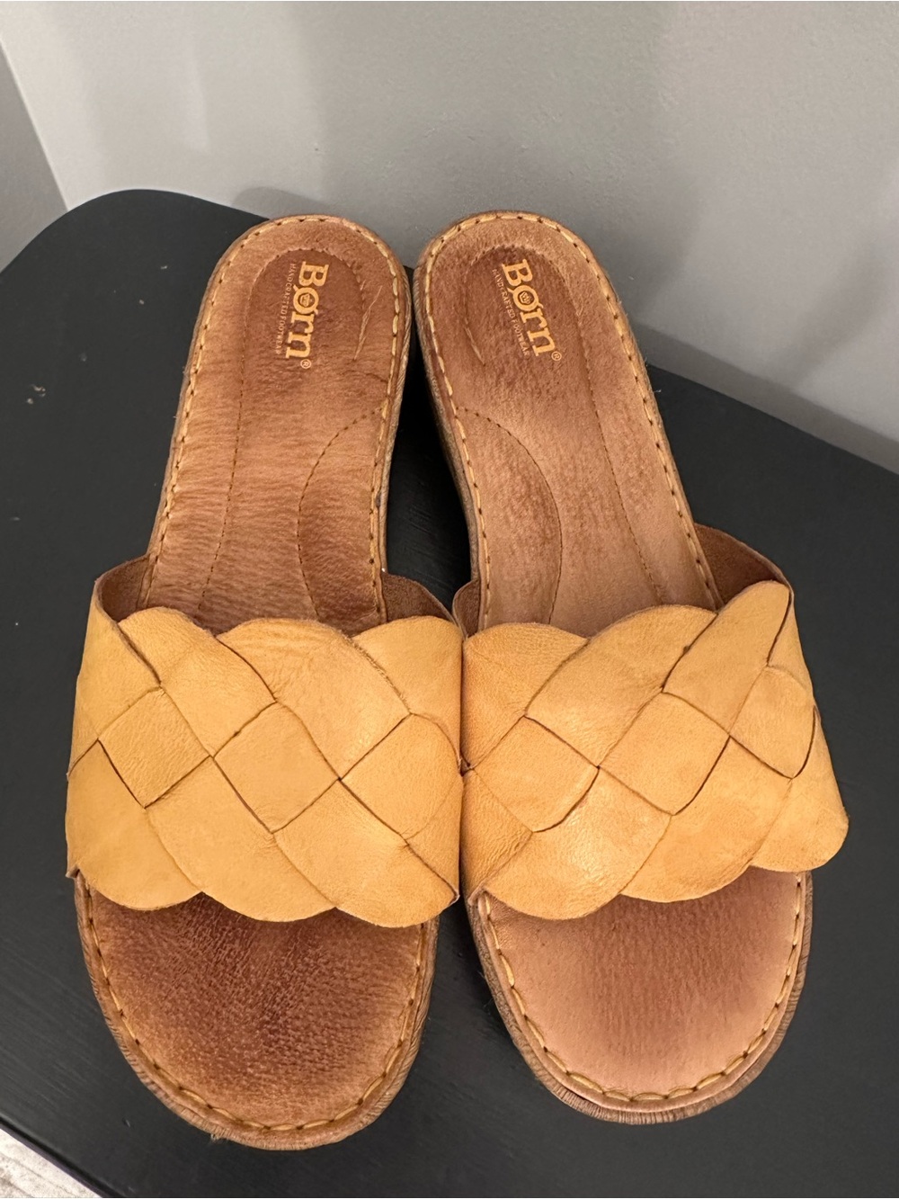 Born Woven Leather Slide Sandals in Mustard Yellow 10